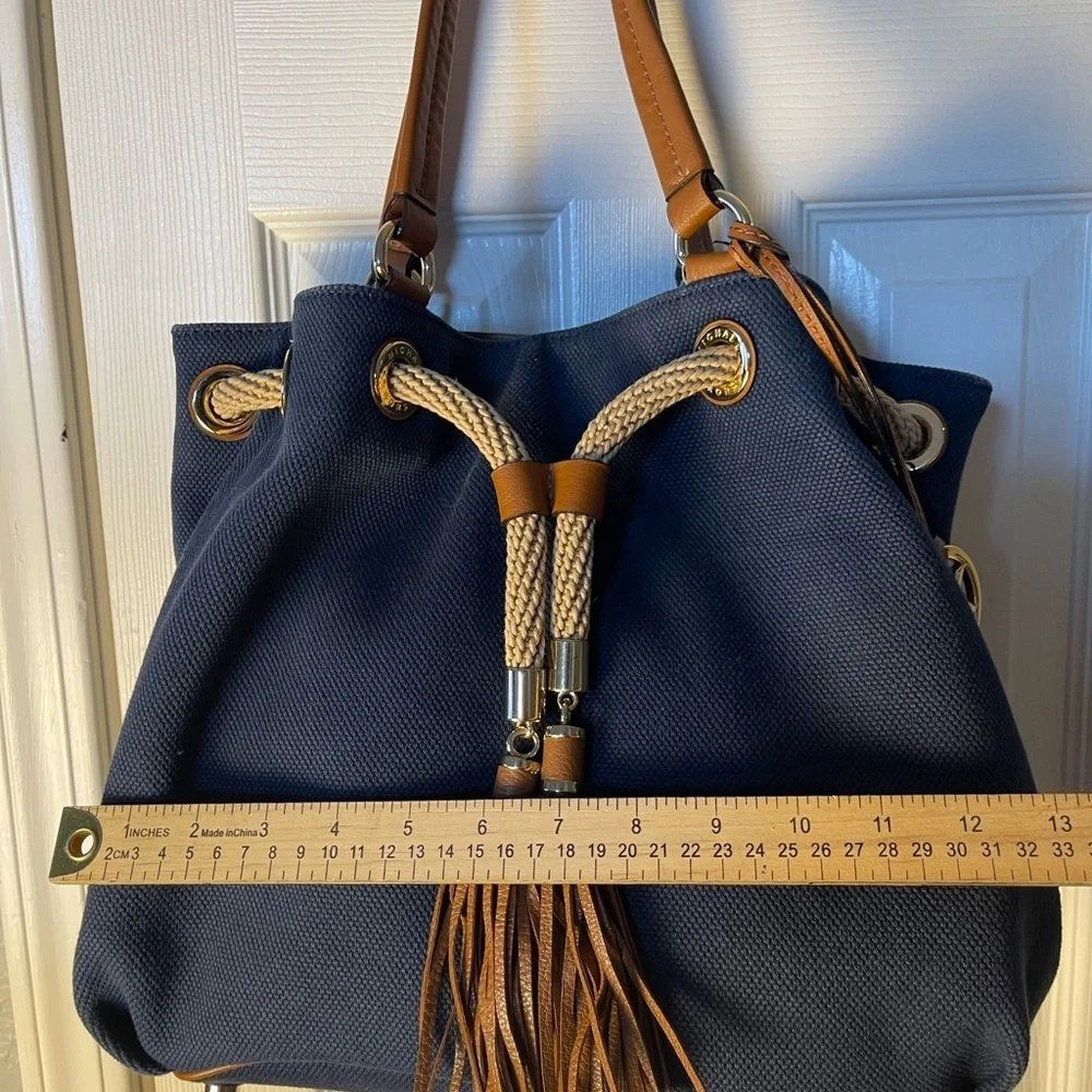 Michael Kors Navy Blue/Brown Canvas Marina Drawstring Tote - Picture 7 of 9